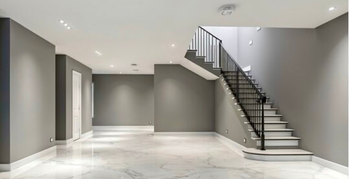 Finished basement with gray walls, marble flooring and black staircase