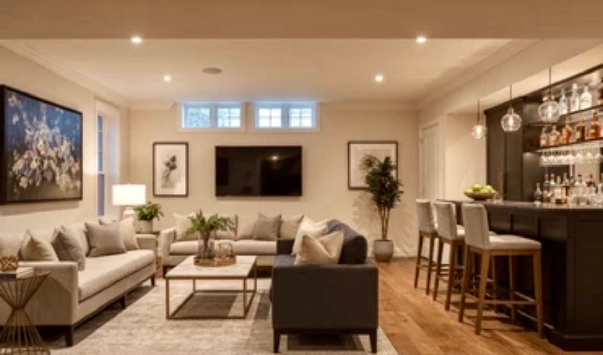 Finished basement with lounge seating, wall-mounted TV and built-in bar